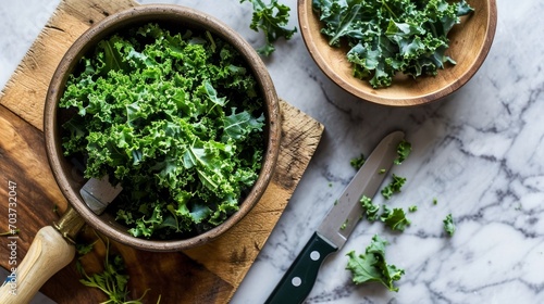 A top-down view displays a bowl filled with fresh kale