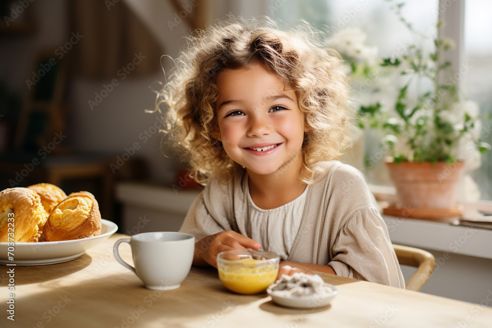 Beautiful girl having breakfast. Good Sunday morning, cozy family breakfast. Bright, clean kitchen-dining room