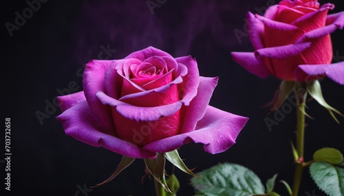  a couple of pink roses sitting on top of a green leafy plant with steam coming out of the middle of the petals and the petals on a black background.