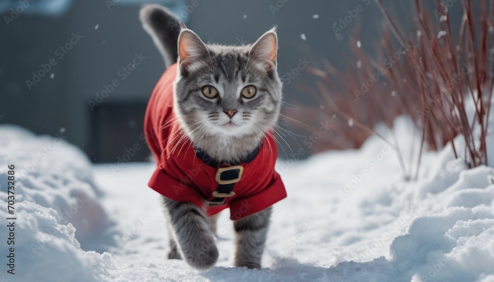  a grey and white cat wearing a red coat walking in the snow with a red t - shirt on it's chest and a red collar around it's neck.