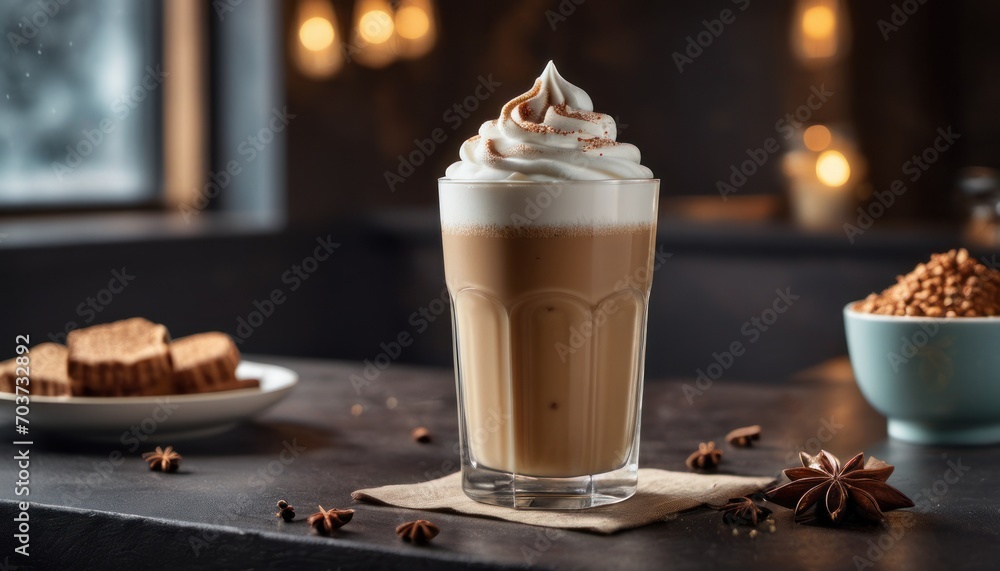 a cup of coffee sitting on top of a table next to a bowl of cinnamons and a bowl of star anisette on the side of the table. a cup of coffee sitting on top of a table next to a bowl of cinnamons and a bowl of star anisette on the side of the table.
