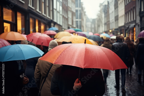 Rainy Cityscape, Umbrellas Bloom as People Brave the Rain in the Urban Jungle. © pkproject
