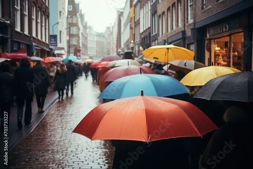 Rainy Cityscape, Umbrellas Bloom as People Brave the Rain in the Urban Jungle. © pkproject