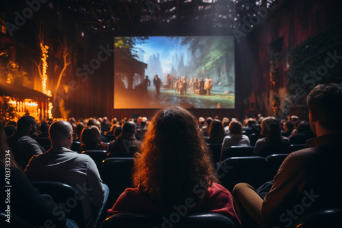 Young people sit in an open-air cinema and watch a film on a wide screen. First date, many people in the room