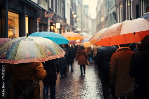 Rainy Cityscape  Umbrellas Bloom as People Brave the Rain in the Urban Jungle.
