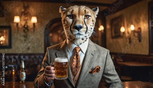  a man in a suit with a cheetah mask holding a pint of beer in front of a bar with a cheetah standing cheetah. photo