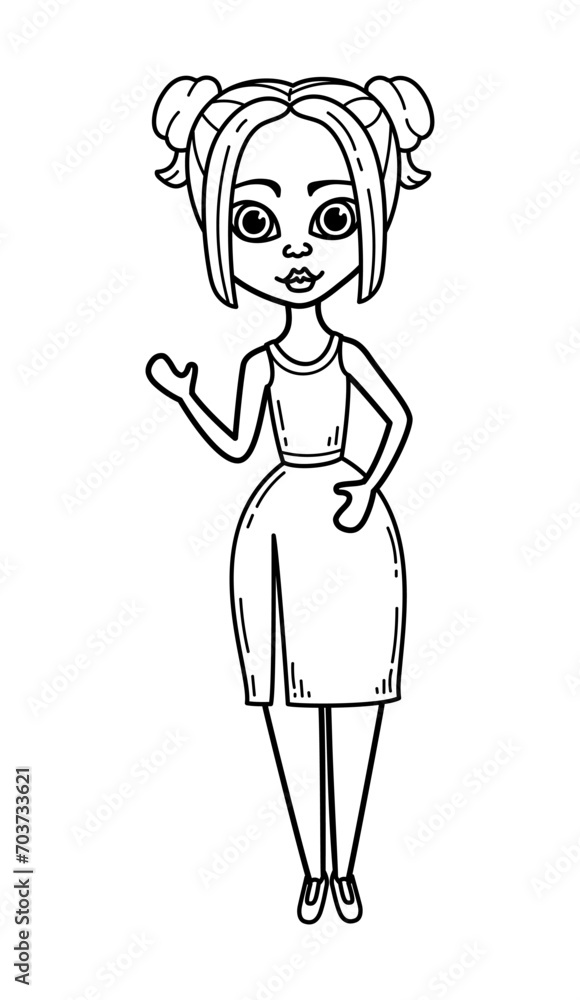 Coloring page girls doll line art. Woman in evening dress. Hand drawn illustration. Coloring page girls doll line art. Woman in evening dress. Hand drawn illustration.