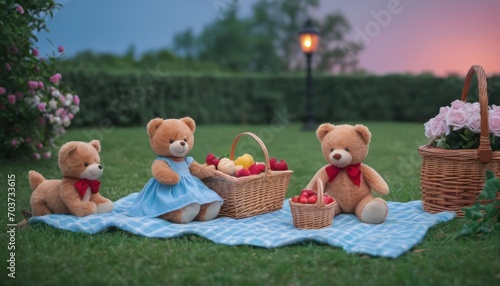  a group of teddy bears sitting on top of a blanket next to a basket filled with apples and a teddy bear sitting on a blanket next to a basket filled with apples.