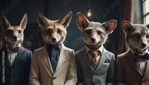  a group of three men in suits and ties with three foxes in the middle one wearing a bow tie and the other wearing a suit with a jacket and bow tie. photo