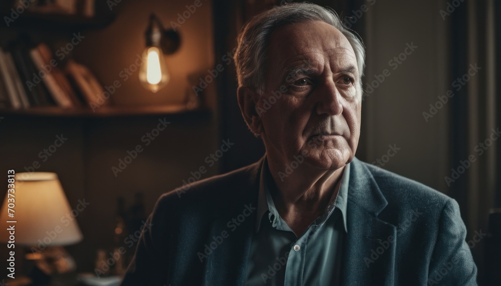 a close up of a person in a room with a lamp and bookshelf in the background and a lamp on the right side of the man's face. a close up of a person in a room with a lamp and bookshelf in the background and a lamp on the right side of the man's face.