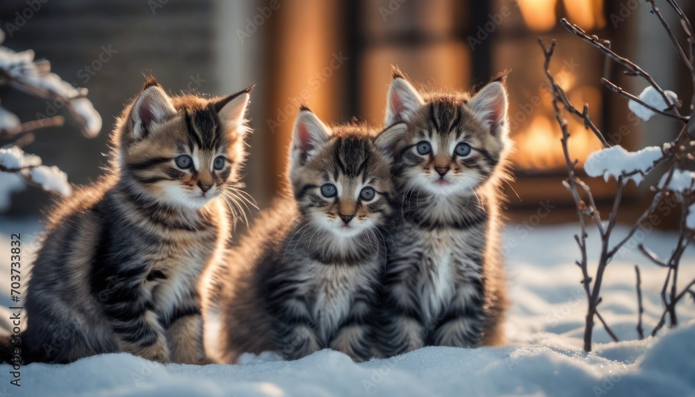  a group of three kittens sitting next to each other on a snow covered ground in front of a tree with snow on the ground and a fireplace in the background.
