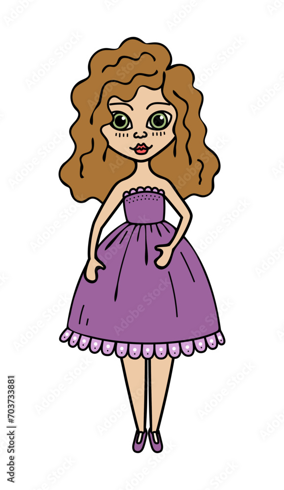Cartoon woman hand drawn flat illustration. Cute girl in evening dress. Cartoon woman hand drawn flat illustration. Cute girl in evening dress.