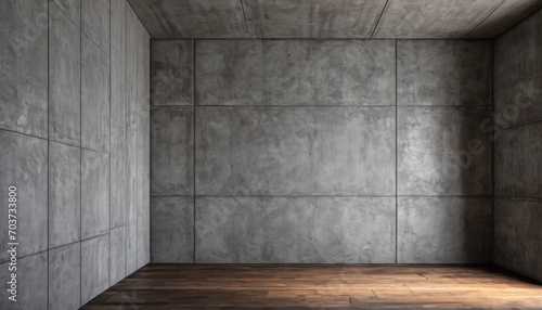  a room with a wooden floor and a concrete wall with a light coming in from the corner of the room and a wooden floor in the middle of the room.