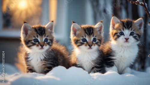  three kittens are sitting in the snow looking at the camera and one is looking at the camera and the other one is looking at the camera with blue eyes. photo