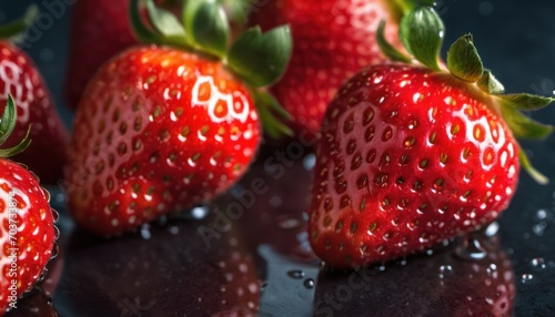  a close up of a group of strawberries with drops of water on the top and bottom of the strawberries and the bottom of the strawberries on the bottom.
