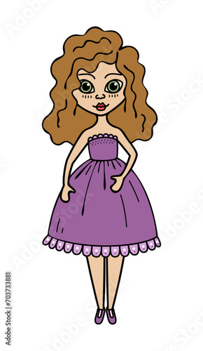 Cartoon woman hand drawn flat illustration. Cute girl in evening dress.