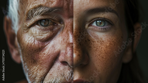 Young and Old - A dramatic close-up portrait of a person with their face divided into a young and elderly half Gen AI
