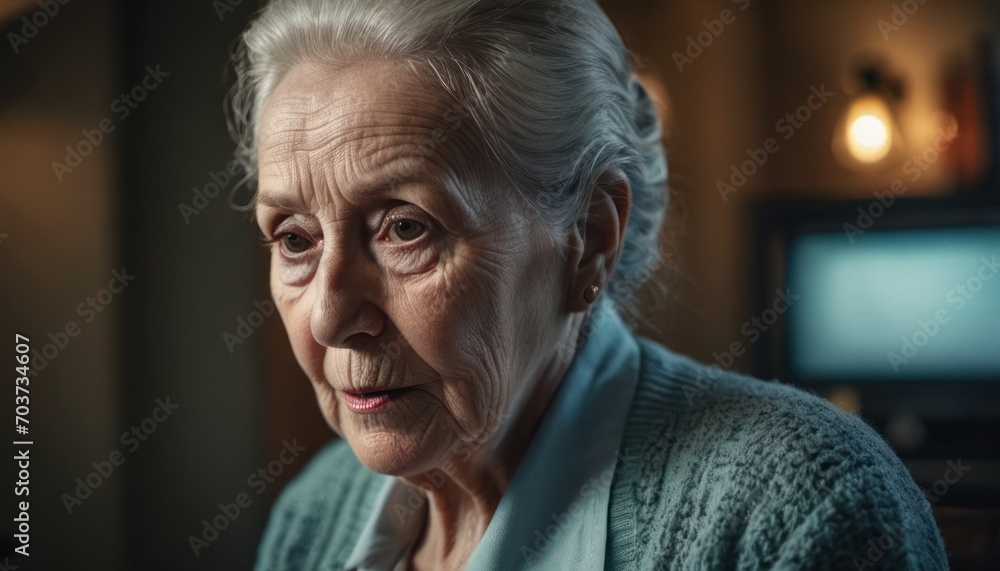a close up of a person wearing a sweater and looking off into the distance with a tv in the background and a light on the wall in the corner of the room. a close up of a person wearing a sweater and looking off into the distance with a tv in the background and a light on the wall in the corner of the room.