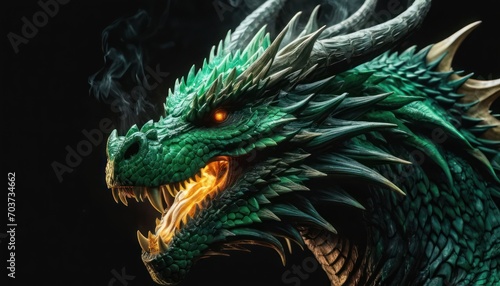  a close up of a green dragon s head with flames coming out of it s mouth and smoke coming out of it s mouth  on a black background.