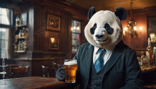  a panda bear wearing a suit and tie holding a beer in front of a bar with a panda bear mask on it's head and a man in a suit. © Jevjenijs