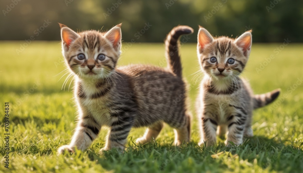 a couple of small kittens standing on top of a lush green grass covered field with a forest in the backgroung of the picture and a blurry background. a couple of small kittens standing on top of a lush green grass covered field with a forest in the backgroung of the picture and a blurry background.