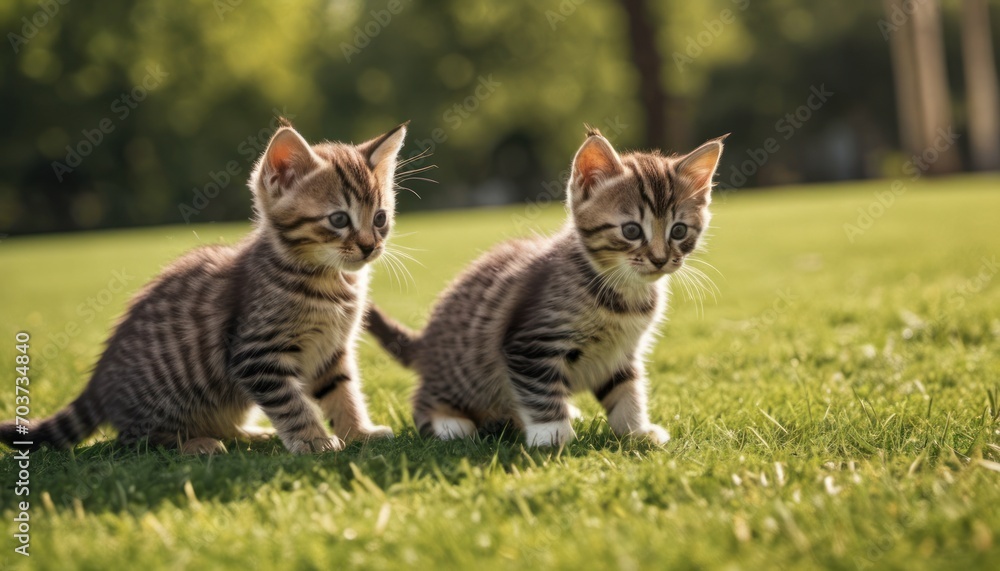 a couple of small kittens standing on top of a lush green grass covered field with trees in the backgroung of the picture and one of the two kittens looking at the other.