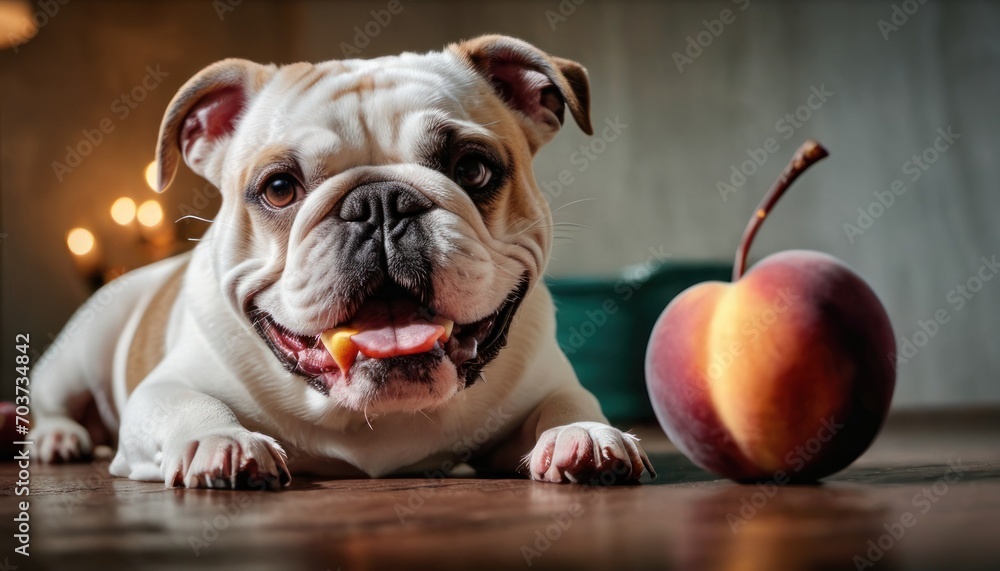  a close up of a dog laying on a floor next to an apple with its mouth open and a bite taken out of one of the dog's bite.