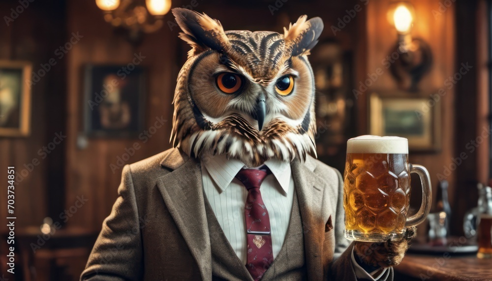  a man in a suit and tie holding a mug of beer with an owl's head on top of the mug in front of the man's face.