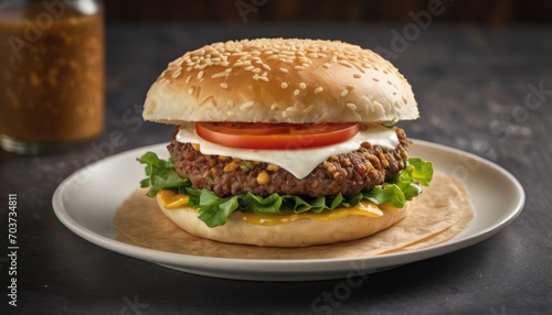  a hamburger with lettuce, tomato, and cheese on a white plate next to a glass of orange juice on a black surface with a wooden table in the background.