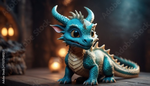  a blue dragon figurine sitting on top of a wooden table next to a lit up candle lit up in the background with lights on the wall behind it. © Jevjenijs