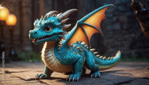  a blue and orange dragon figurine sitting on a stone floor in front of a stone building with a lantern light on the side of it's wall. © Jevjenijs