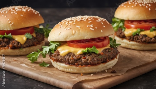  three hamburgers with cheese, tomato, and lettuce on a cutting board on top of a wooden cutting board next to a knife and a bottle of ketchup.