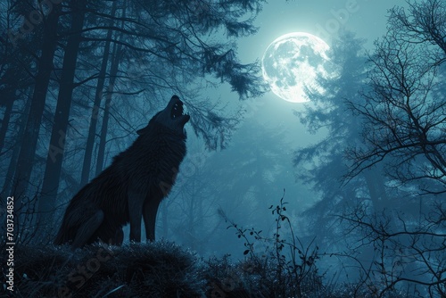 werewolf howling at the moon in a forest howling wolf © PinkiePie