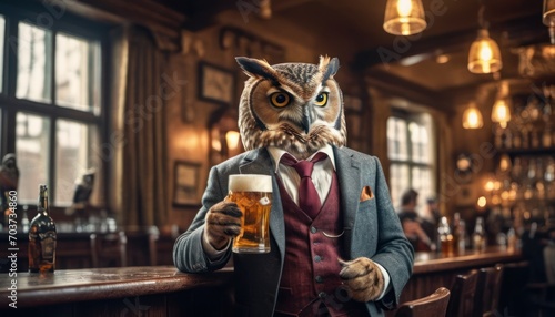  a man in a suit and tie holding a glass of beer in front of a bar with an owl mask on it's head and an owl's head.
