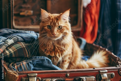 Cute ginger cat sitting in an open suitcase among summer clothes. Generative AI
