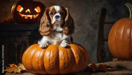  a brown and white dog sitting on top of a pumpkin next to a jack - o'- lantern and two jack - o'- o'- lanterns.