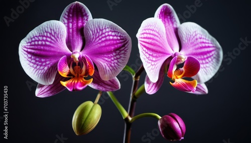  two purple and white orchids in a vase on a black background with a green stem and a pink flower in the middle of the picture  with a dark background.