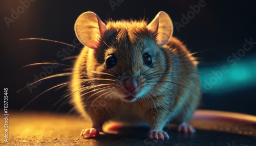  a close up of a rodent on a table looking at the camera with a blurry back ground and a blurry back ground behind it, with a blurry background.