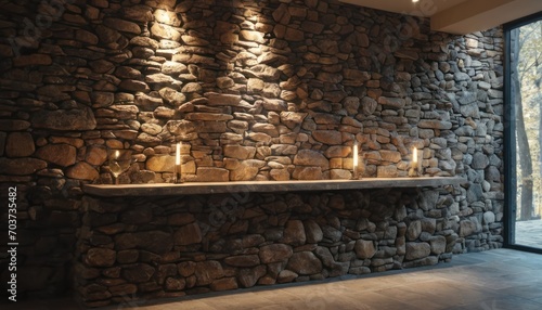  a stone fireplace with lit candles in front of a stone wall with a glass door leading to another room with a glass door leading to another room with a stone wall.