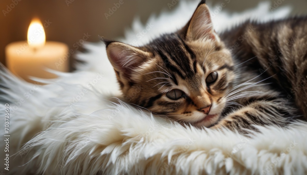 a small kitten laying on top of a fluffy white blanket next to a lit candle on top of a white fur covered bed with a lit candle in the background. a small kitten laying on top of a fluffy white blanket next to a lit candle on top of a white fur covered bed with a lit candle in the background.