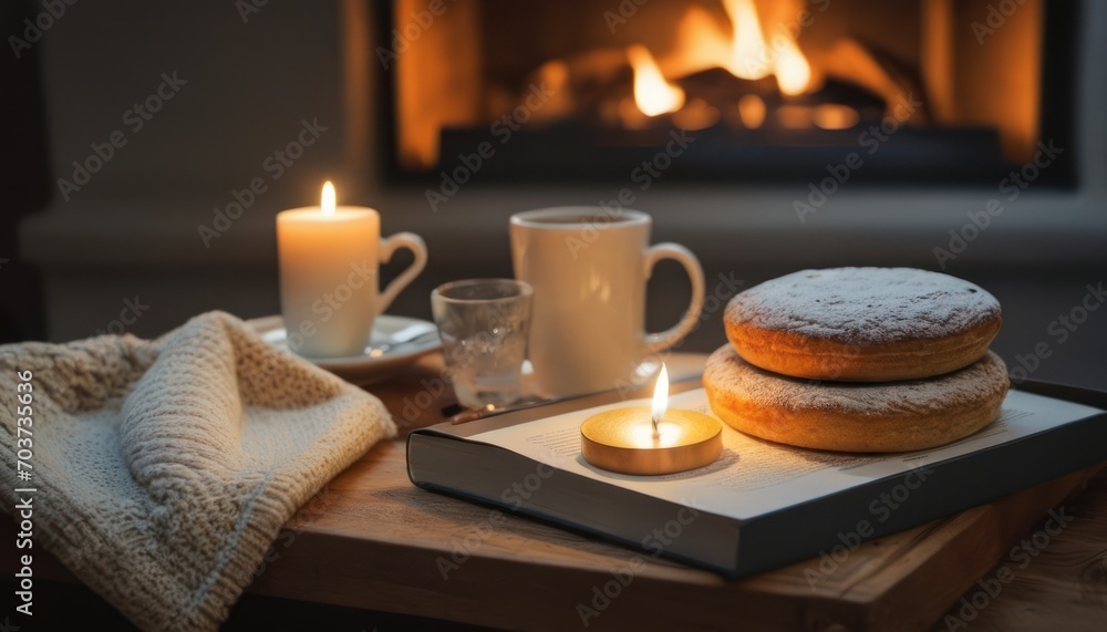 a couple of doughnuts sitting on top of a table next to a cup of coffee and a lit candle in front of a fire place of a fireplace. a couple of doughnuts sitting on top of a table next to a cup of coffee and a lit candle in front of a fire place of a fireplace.