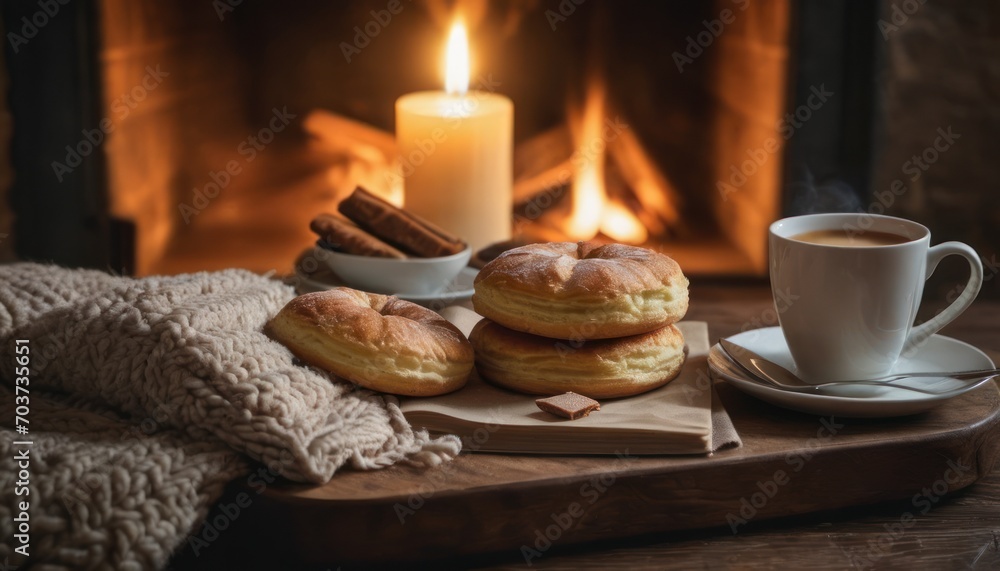  a table topped with a cup of coffee next to a pile of doughnuts and a plate of cinnamon sticks next to a fire place setting on a table.