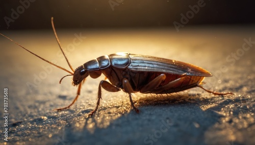  a close up of a bug on the ground with a light shining on it's back end and back end of the body of the bug, it's head. © Jevjenijs