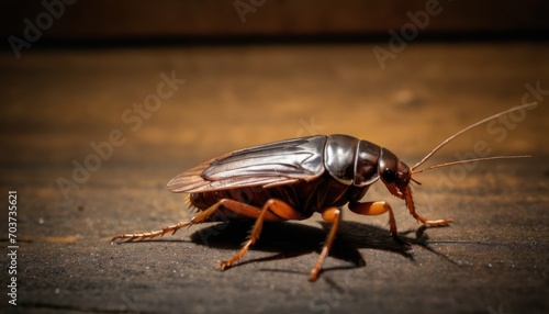  a close up of a cockroach on the ground with it's head turned to the side and it's head turned to the opposite direction of the camera. © Jevjenijs