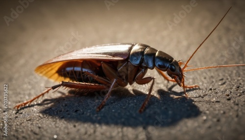  a close up of a cockroach on the ground with it's head turned to the side and it's head turned slightly to the camera lens. © Jevjenijs