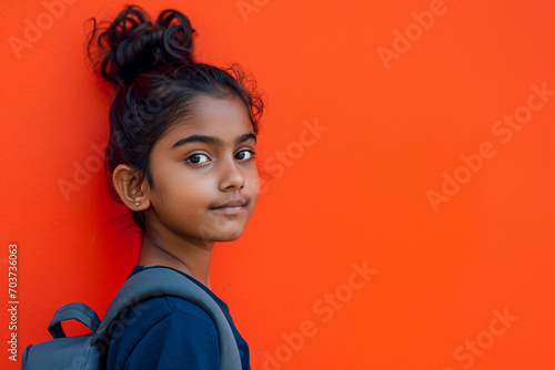 Young Indian school kid isolated on colour background