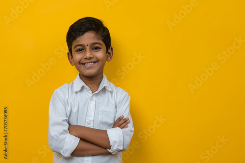 Young Indian school kid isolated on colour background photo