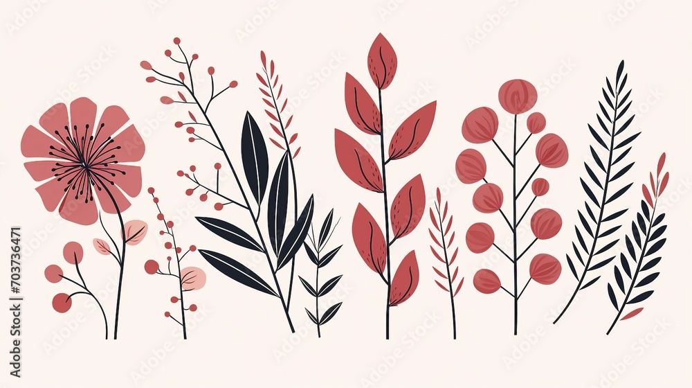 Fototapeta premium Elegantly Drawn Botanical Art: Continuous Line Sketch of Nature's Greenery on a White Background – Minimalist and Stylish Illustration for Modern Graphic Design