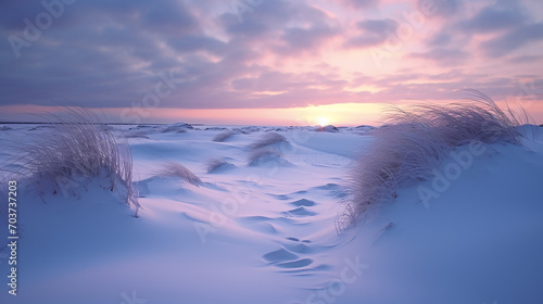 Snowy Ocean Dunes at Dusk. The dunes beside the ocean with snow at sunset.
