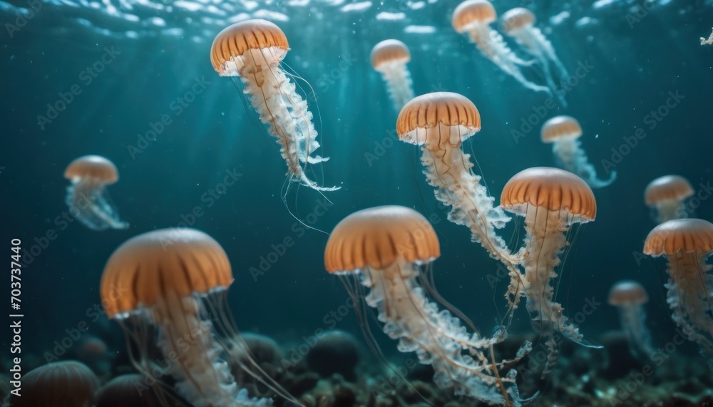  a group of jellyfish swimming in the ocean with sunlight shining through the water's bubbles on the bottom and bottom of the water, in the foreground.
